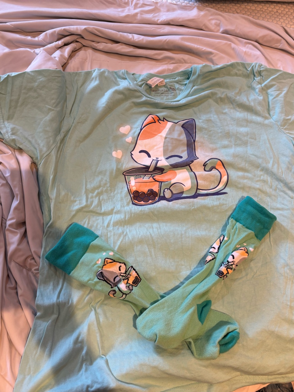 Light Teal Cat Bubble Tea T shirt and Sock Set
